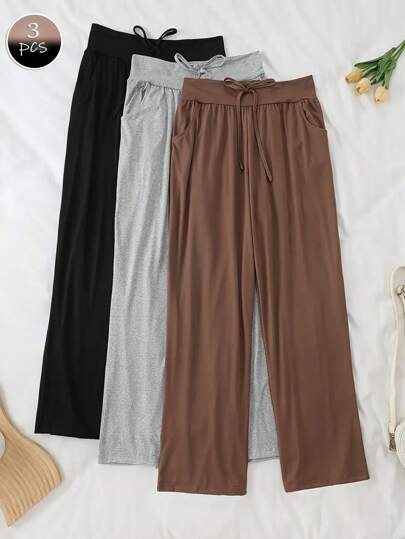 3件套女士加大码休闲运动裤，纯色蝴蝶结松紧腰宽松居家舒适裤，秋冬服装