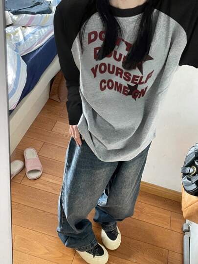 女士春秋新款休闲圆领棉质拼布印花长袖T恤