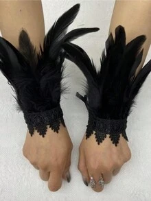 Lace Cutout Feather Decor Wrist Cuff, Dark Fashion Accessory Halloween - Multicolor - View 7