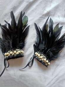 Lace Cutout Feather Decor Wrist Cuff, Dark Fashion Accessory Halloween - Multicolor - View 4