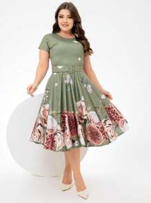 Moss Green Floral Printed Godet Midi Dress With Belt Women's Christian Fashion - Màu xanh Ô liu - Xem 1
