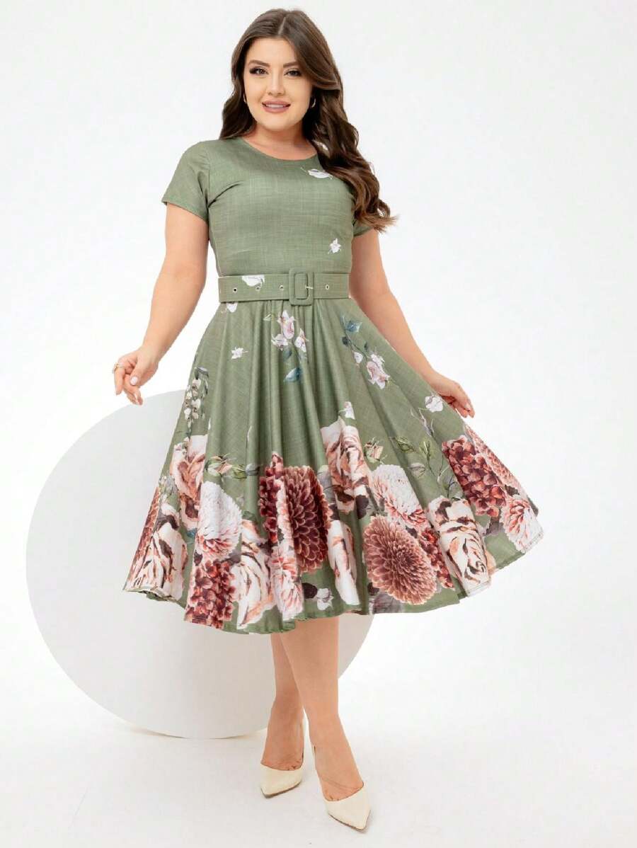 Moss Green Floral Printed Godet Midi Dress With Belt Women's Christian Fashion - Màu xanh Ô liu - Xem 1