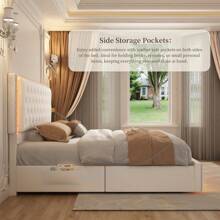 SIBEDS Queen Upholstered RGB LED Platform Bed Frame With Storage Drawers, Crystal Tufted Headboard, Velvet Cream - Kem nhung - Xem 5