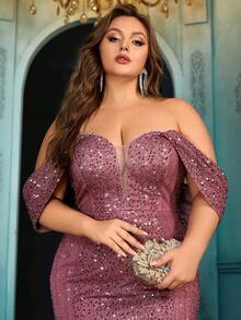 QOQ Váy đuôi cá trễ vai đính sequin thanh lịch tuyệt đẹp cho phụ nữ dự tiệc trang trọng - Bụi hồng - Xem 4