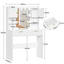 Schminktisch mit LED-Beleuchtung, 3 Farben, Einstellbare Helligkeit,Kosmetiktisch mit Spiegel, Frisiertisch mit 2 Schränken und 2 offenen Regalen, 2 Schubladen,Schlafzimmer, Weiß
