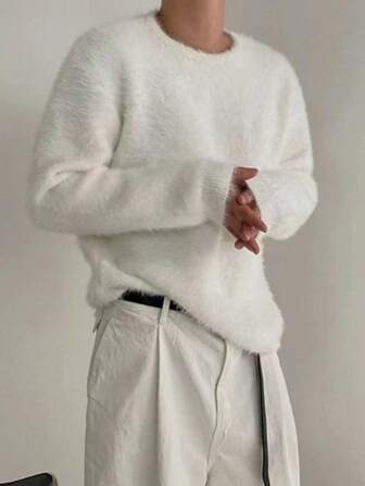 BAI YUE Fall/Winter Men's Mink Fur Sweater Relaxed Knit Oversized Fit Casual Solid-Color Top Soft And Plush Round Neck Pullover Sweater, Christmas, New Year Attire, Long Sleeve Top