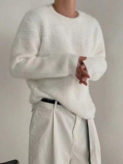 Men's Mink Cashmere Sweater, Loose Knit, Relaxed Fit, Casual Solid Color Top, Soft & Comfortable, Crew Neck Pullover, Suitable For Christmas, New Year, Long Sleeve