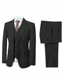 Mens Herringbone Tweed Suit 3 Piece Suit Two Buttons Wool Suits 1920's Themed Wedding Suit Prom Tuxedos Blazer Dress Formal Business Party Jacket Vest Waistcoat For Groom - màu đen - Xem 3