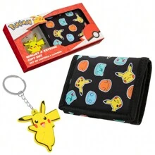 pokemon Wallet Anime Trifold Canvas With ID Pocket Coin Purse & Keyring Pikachu Gift Set Travel Outdoors Sports Gamer - Multicolor - View 1