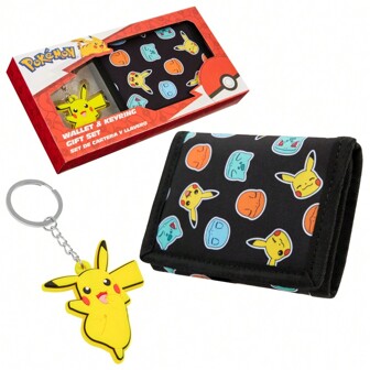 pokemon Wallet Anime Trifold Canvas With ID Pocket Coin Purse & Keyring Pikachu Gift Set Travel Outdoors Sports Gamer