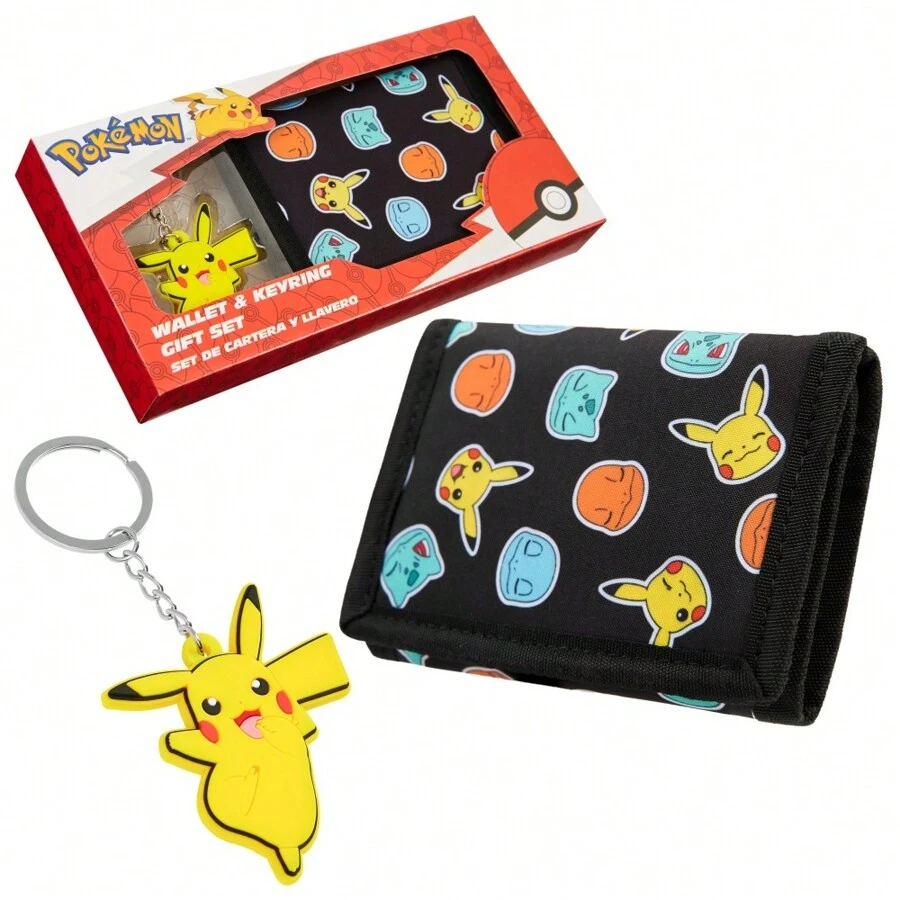pokemon Wallet Anime Trifold Canvas With ID Pocket Coin Purse & Keyring Pikachu Gift Set Travel Outdoors Sports Gamer - Multicolor - View 1