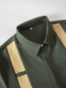 Men's Green Two-Piece Outfits, Striped Pattern Classic Collar Long Sleeve Shirt And Drawstring Trousers For Dates, Party, Wedding - 綠色 - 查看 5