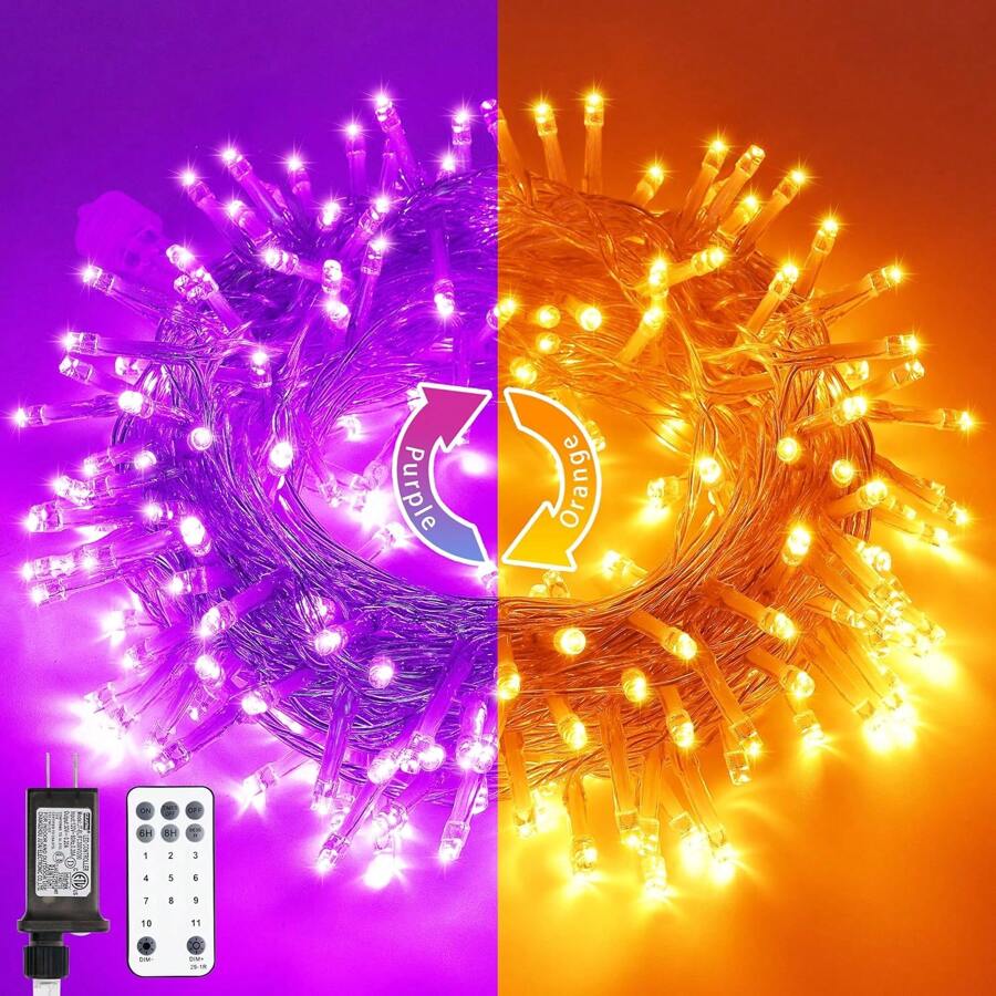 JMEXSUSS Halloween Decoration Lights, 200 LED Orange Purple Halloween Lights Clear Wire, 11 Modes Connectable Halloween String Lights Indoor Outdoor Plug In For Halloween Tree Decorations - 紫色到橙色 - 查看 1