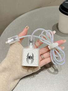 5pcs/Set Halloween Pink/Black Spider 1.5m Laser Wrap Data Cable, Charger Head Protector, Anti-Breakage Cable TPU Wrap Organizer, Compatible With IPhone 12/13/14, Compatible With 20W Fast Charging Cable Cable Protector, Charger Protector