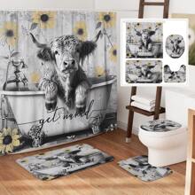 Juego de cortina de ducha con diseño de vaca de las tierras altas y flores en estilo granja, divertido, de 1/4 piezas, con cortina de ducha y alfombras de poliéster resistente al agua y lavable a máquina para decoración de baño o ducha, con 12 ganchos, alfombra antideslizante en forma de U para tapa de inodoro y accesorios de decoración de baño de otoño para volver al colegio - Gris - Ver 1