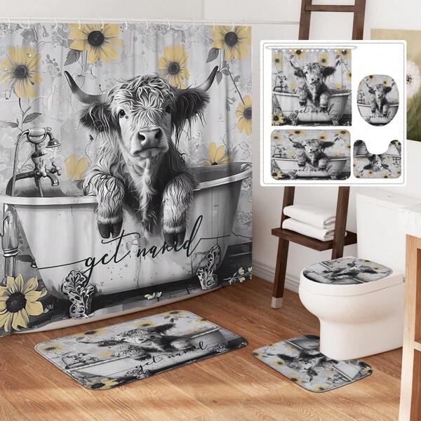 1/4pcs Highland Cow Floral Farmhouse Funny Grey Shower Curtain Set With Shower Curtain And Rugs Polyester Waterproof Machine Washable For Bathroom Or Shower Decor With 12 Hooks Non-Slip Bath Mat U-Shape Toilet Lid Cover Mat Home Bathroom Decor Summer Bathroom Accessories Back To School