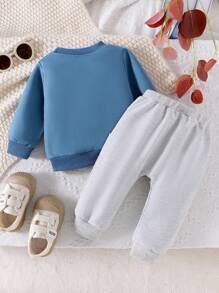 2 件装男婴休闲日常字母印花长袖运动衫和运动裤套装，春/秋 - 藍色 - 查看 2