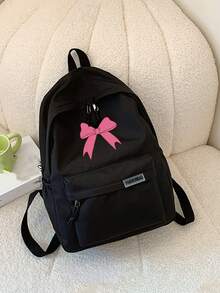 1 Pc Back To School Classic Basic Large School Bag With Laptop Compartment Fashion Versatile Backpack Purse Solid Color With Bow Print Waterproof Sports Bag Premium Durable Nylon School Backpack With Adjustable Strap &Spacious Multiple Pockets Bookbags Lightweight Portable Bag Pack Leisure Travel Backpacks Perfect For Graduate & For Women & Teen Girls Perfect For Outdoors & Travel &Junior High School& Senior High School&University - Black - View 8