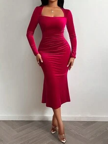 Red Color Ruched Long Sleeves Mermaid Hem Velvet Midi Dress,Elegance And Fashionable,Wedding Dating Party Dress,New Women's Clothing - Red - View 4