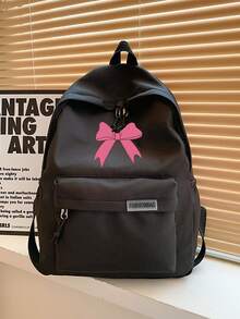 1 Pc Back To School Classic Basic Large School Bag With Laptop Compartment Fashion Versatile Backpack Purse Solid Color With Bow Print Waterproof Sports Bag Premium Durable Nylon School Backpack With Adjustable Strap &Spacious Multiple Pockets Bookbags Lightweight Portable Bag Pack Leisure Travel Backpacks Perfect For Graduate & For Women & Teen Girls Perfect For Outdoors & Travel &Junior High School& Senior High School&University - Black - View 9