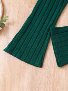 3pcs/Set Young Girl Solid Ribbed Camisole Top, Flared Pants, Long Sleeve Floral Cardigan Set - Dark Green - View 7