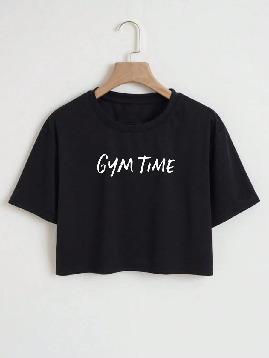 Cropped T-Shirt Printed T-Shirt 100% Cotton Phrases Gym Time Time To Train - 黑色 - 查看 1