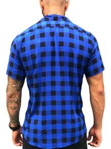 Men's Plaid Shirt Short Sleeve Slim Flannel Buttons Top - Royal Blue - View 3