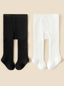 2pcs Baby Girls Minimalist Solid White Soft & Breathable Tights, Suitable For Daily Wear