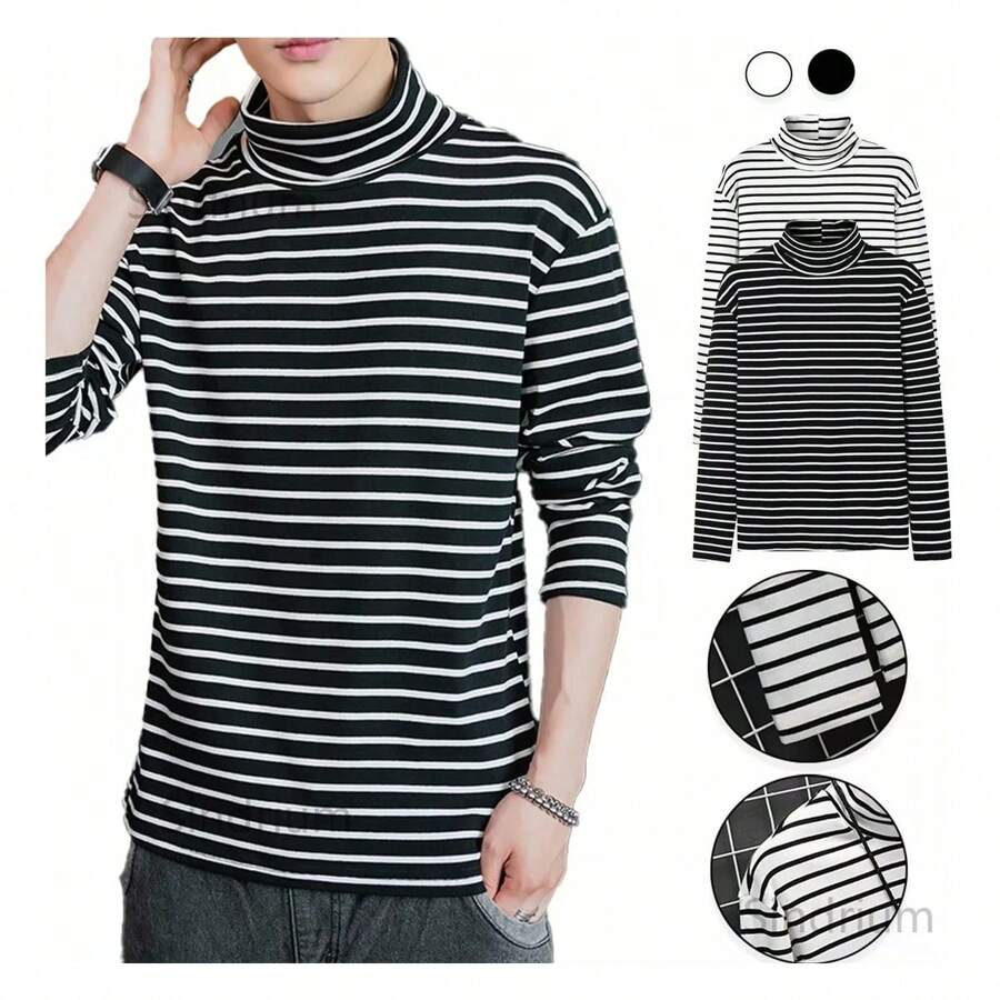 Playera Larga Delgada Hombre Caballero Cuello Tortuga Camisa - Negro - Ver 1