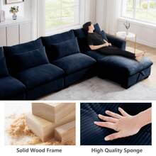 Modular Sectional Sofa, 122" Corduroy Deep Seat Upholstered Sofa,157" L Shaped Couch Set With Ottoman For Living Room, 3-4 Seater Comfy Cloud Couch With Waist Pillow For Living Room Office Apartment - 藍色4人座+腳凳 - 查看 6