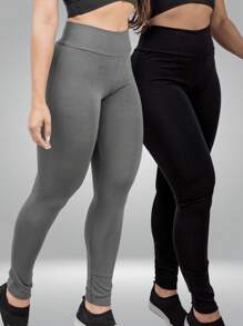 Kit 2 Calça Legging Fio Duplo Lisa Basica Cos Alto Zero Transpareancia Confortavel Alta Elasticidade Tamanho Pequeno E Grande Academia - Cinza - Visão 1