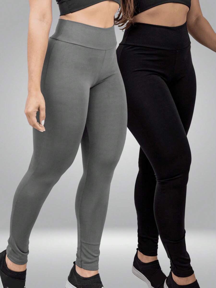Kit 2 Calça Legging Fio Duplo Lisa Basica Cos Alto Zero Transpareancia Confortavel Alta Elasticidade Tamanho Pequeno E Grande Academia - Cinza - Visão 1