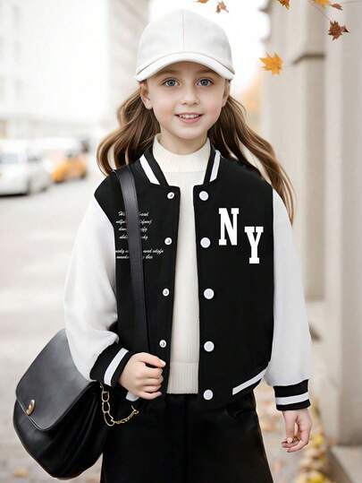 Tween Girls Letter Print Color Block School Jacket