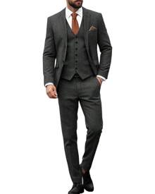 Mens Herringbone Tweed Suit 3 Piece Suit Two Buttons Wool Suits 1920's Themed Wedding Suit Prom Tuxedos Blazer Dress Formal Business Party Jacket Vest Waistcoat For Groom - màu đen - Xem 2