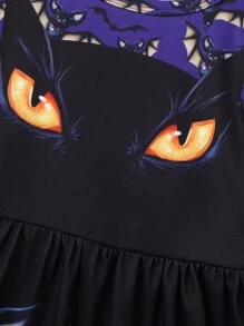 1 件女童休闲黑猫和蝙蝠图案柔软针织圆领盖袖连衣裙套装，秋冬 - 黑色 - 查看 4