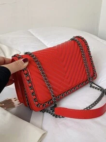 Chain Simple Embroidery Thread Small Square Bag Lightweight Multifunctional Commuting Women's Shoulder Bag PU Material - Red - View 7