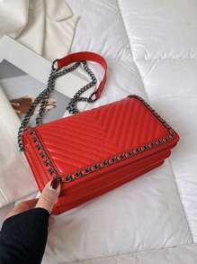 Chain Simple Embroidery Thread Small Square Bag Lightweight Multifunctional Commuting Women's Shoulder Bag PU Material - Red - View 5