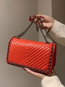 Chain Simple Embroidery Thread Small Square Bag Lightweight Multifunctional Commuting Women's Shoulder Bag PU Material - Red - View 2