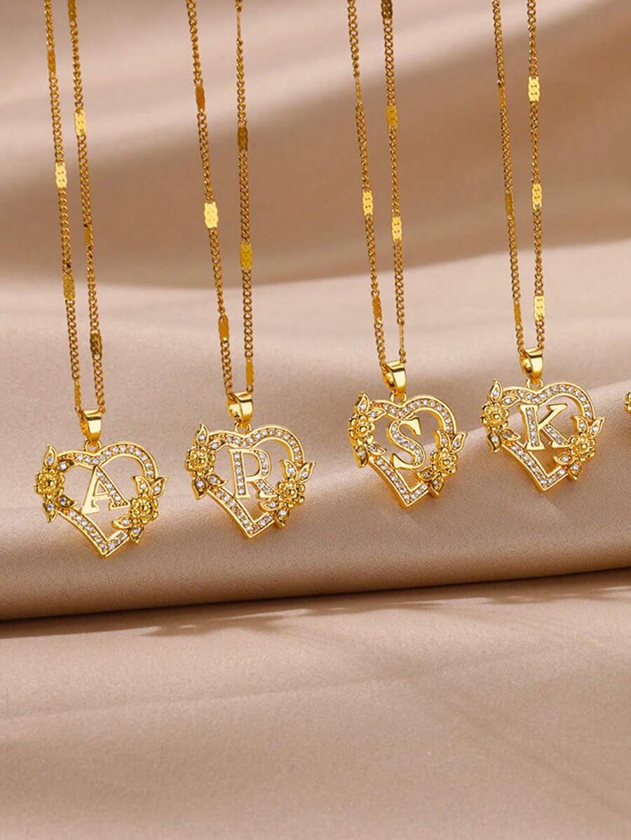 1 chiếc mặt dây chuyền chữ cái hình trái tim và hoa thanh lịch, dành cho nữ và bé gái, mặt dây chuyền chữ cái đầu tên đính đá Zirconia pha lê cá nhân hóa, quà tặng Ngày Valentine, Ngày của Mẹ, quà cưới, trang sức thời trang, quà tặng Ngày Valentine, quà cho mẹ, quà Ngày của Mẹ. - Vàng - Xem 1