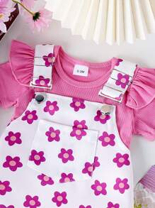 2pcs Baby Girls' Lovely Short Sleeve Bodysuit And Printed Overall Skirt Set For Summer - Hot Pink - View 4