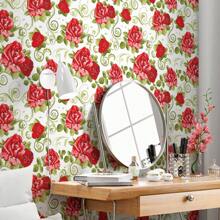 Red Roses Green Leaves Floral Flowers Adhesive Wallpaper SSFL024 - Đỏ - Xem 2