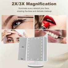 带灯LED化妆镜，桌面旋转触控开关旅行化妆镜，双面折叠放大镜，1x2x3倍放大，是女性外出化妆的理想之选。USB供电/4节AA电池供电，触控调光，带灯支架式LED化妆镜，简约设计，适用于梳妆台，带辅助照明，触摸调节亮度，镜面发光，适合家庭、办公室、旅行、家居桌面装饰。 - 白色 - 查看 4