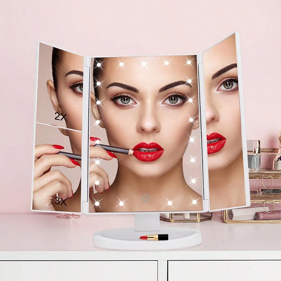 带灯LED化妆镜，桌面旋转触控开关旅行化妆镜，双面折叠放大镜，1x2x3倍放大，是女性外出化妆的理想之选。USB供电/4节AA电池供电，触控调光，带灯支架式LED化妆镜，简约设计，适用于梳妆台，带辅助照明，触摸调节亮度，镜面发光，适合家庭、办公室、旅行、家居桌面装饰。 - 白色 - 查看 1