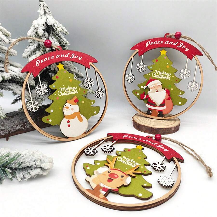 1pc Hollow Wooden Christmas Decoration Hanging Plaque Ornament With Rope For Christmas Tree, Party