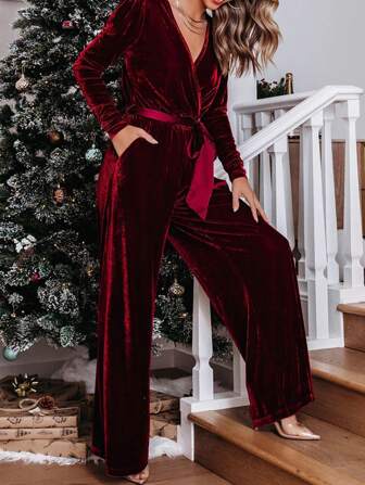 Women's Christmas Velvet Pocketed Cut Out Back Wide Leg Jumpsuit