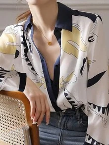 常规款女士长袖AB拼接印花衬衫 春季度假 - 彩色 - 查看 3