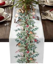 Chemin de table en lin avec cardinaux de Noël, baies, plantes vertes et pommes de pin. Décoration de fête de Noël, hiver, Xmas pour cuisine et salle à manger - Multicolore - Voir 9