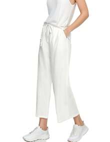 Women's High Waist And Wide Legs Drawstring Pocket Suit Pants Loose Cropped Pants - 白色 - 查看 4
