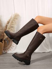 Women's Fashion Round Toe Side Zipper Thick Sole Over-The-Knee Casual Boots