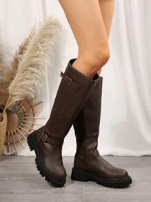 Women's Fashion Round Toe Side Zipper Thick Sole Over-The-Knee Casual Boots